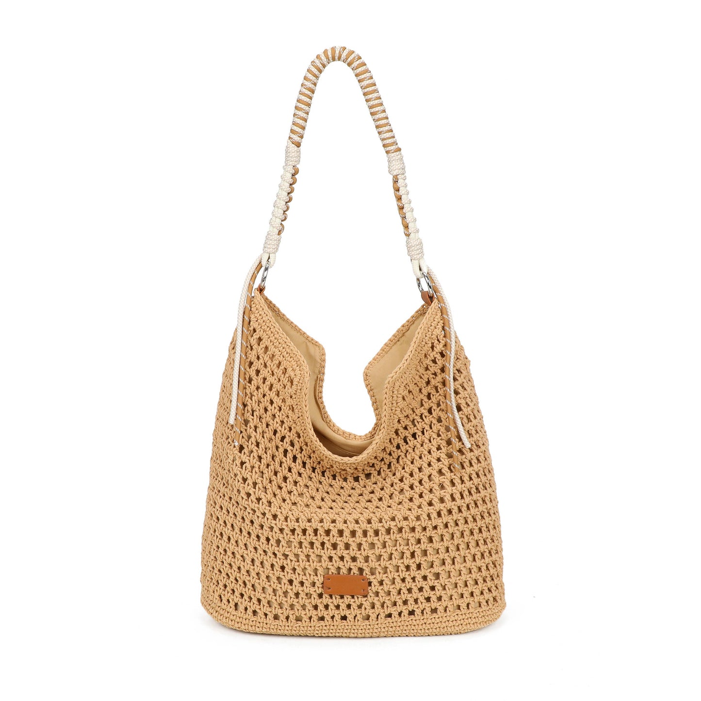 F9087 Crochet Hobo Bag with Rope Handle Detail: Beige