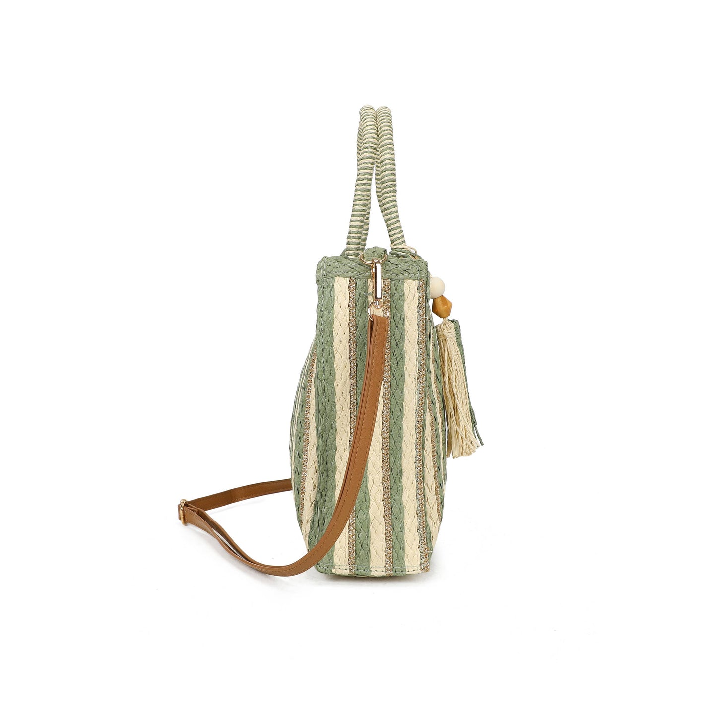 F9076 Woven Tote Bag Striped Tassel Summer Crossbody Bag: Green