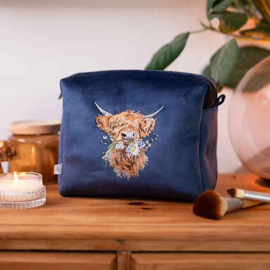 Wrendale - 'Daisy Coo' Highland Cow Embroidered Cosmetic Bag