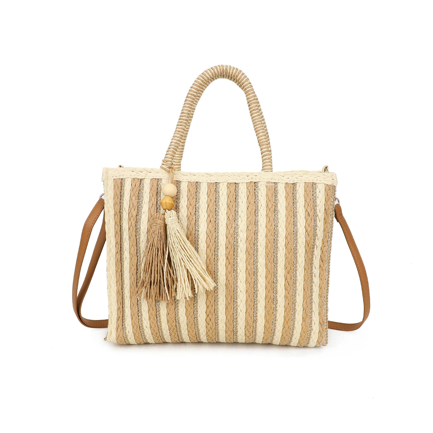 F9076 Woven Tote Bag Striped Tassel Summer Crossbody Bag: Blue