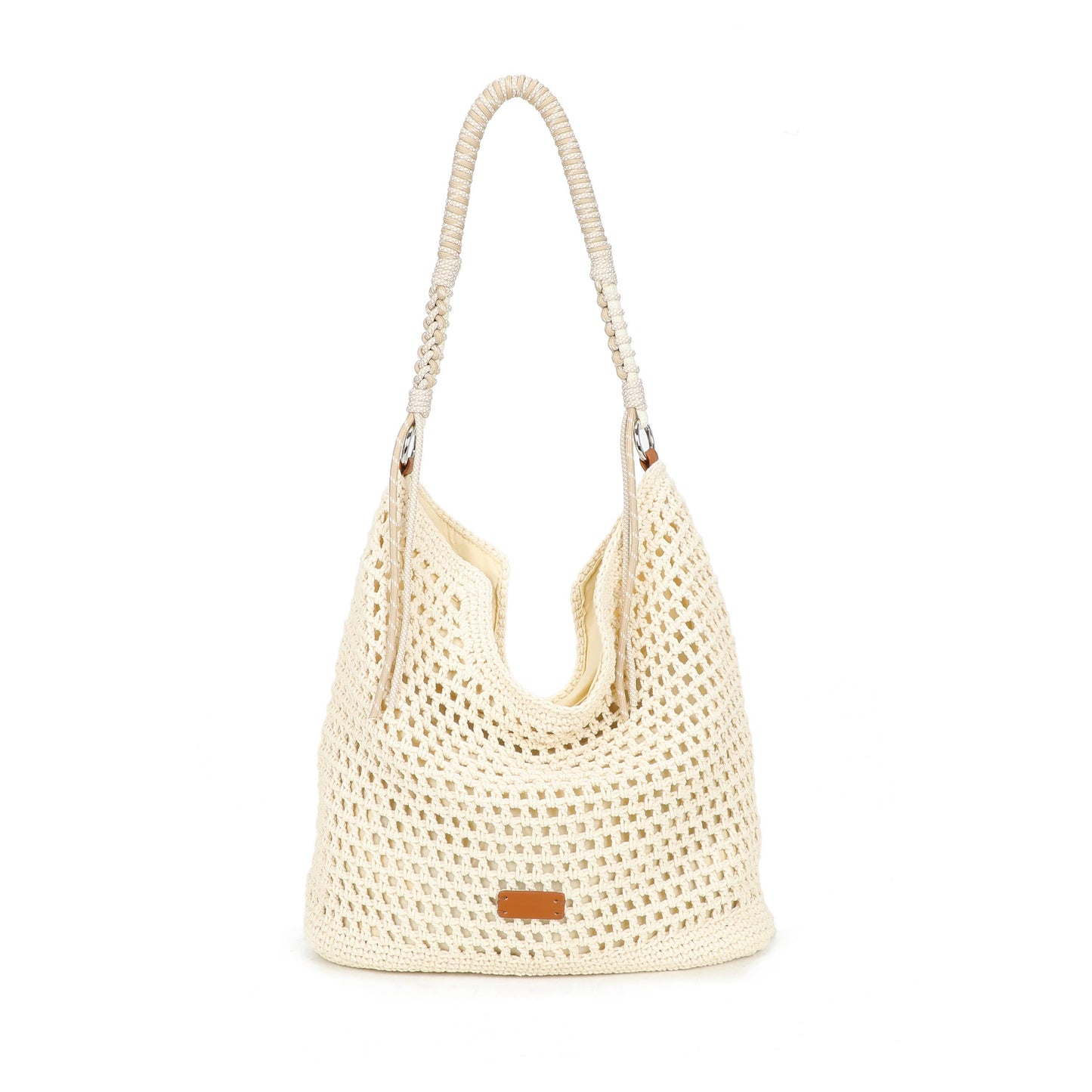 F9087 Crochet Hobo Bag with Rope Handle Detail: Beige