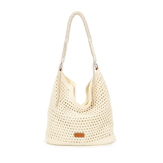 F9087 Crochet Hobo Bag with Rope Handle Detail: Beige