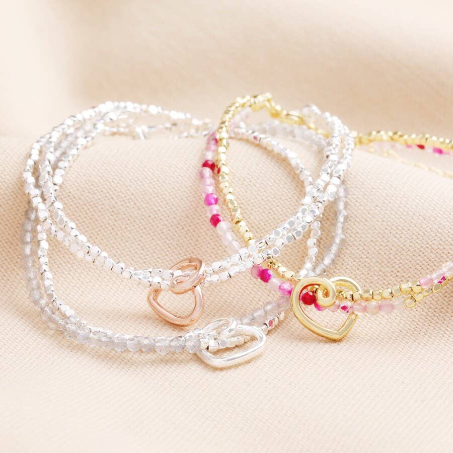 Sale - Scribble Heart Charm Layered Beaded Bracelet in Rose Gold