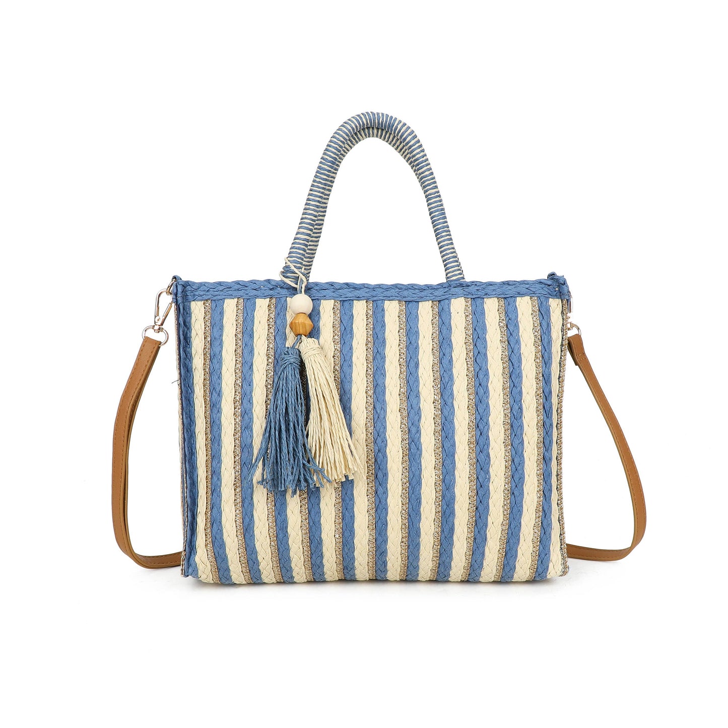 F9076 Woven Tote Bag Striped Tassel Summer Crossbody Bag: Blue