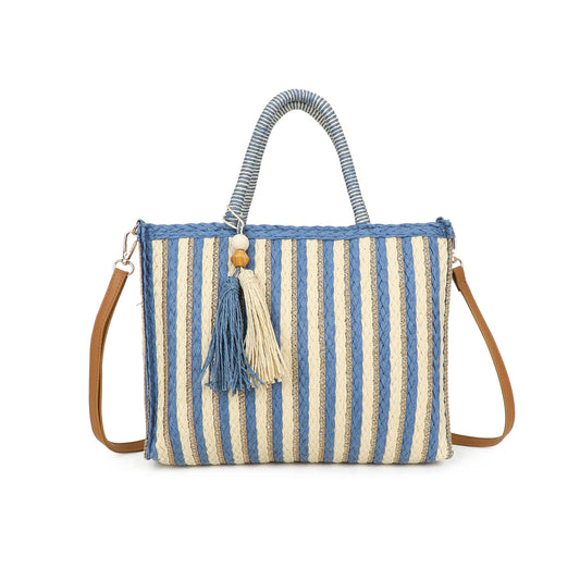 F9076 Woven Tote Bag Striped Tassel Summer Crossbody Bag: Blue