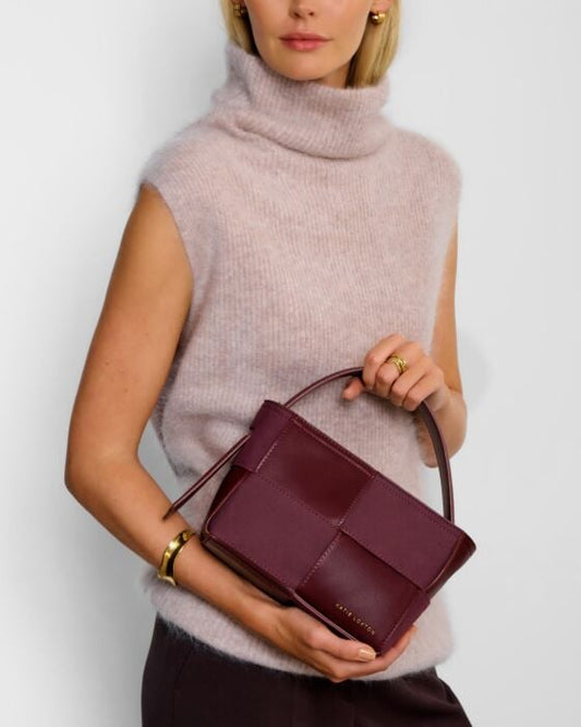 Taya Hand Woven Suedette Top Handle Bag - In Cherry