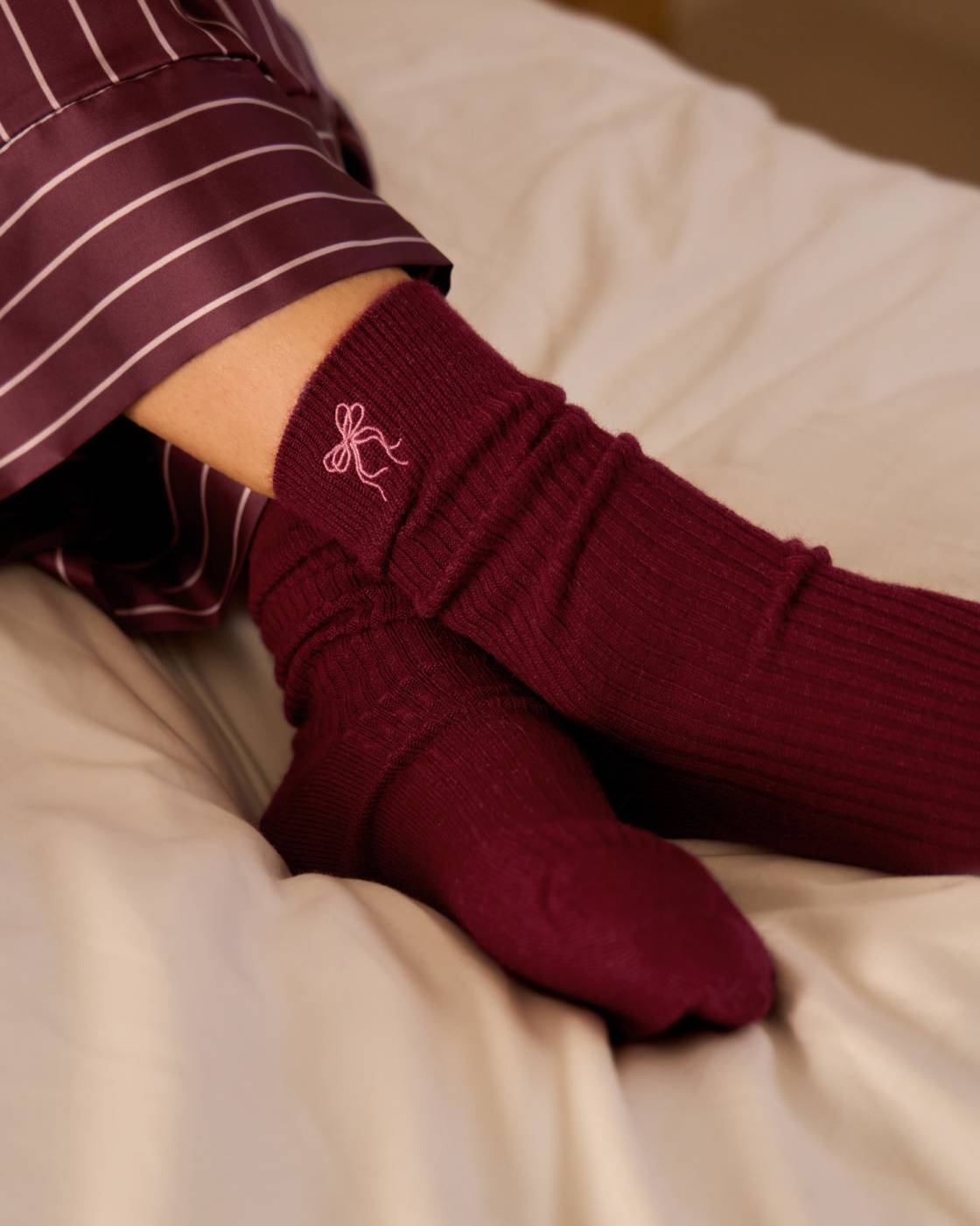 Gift Boxed Socks - Ribbed Bow Cherry